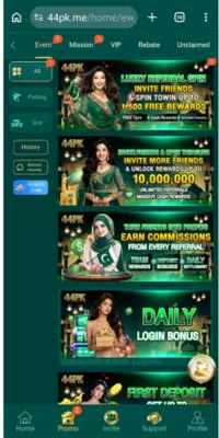 44PK Game app dashboard showing promotional banners, daily login bonus, referral rewards, first deposit bonus, and navigation menu on a mobile screen.