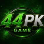44PK Game logo featuring bold metallic green and silver text on a dark green glowing background with a circular emblem and gaming-themed visual effects.