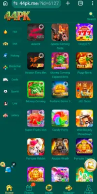 44PK Game promotional image featuring a mobile gaming interface with colorful game icons, bonus offers, rewards section, and user dashboard on a smartphone screen.