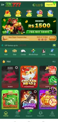 ZK777 game app home screen displaying bonus offers, game categories, wallet balance, and popular games on a mobile interface.