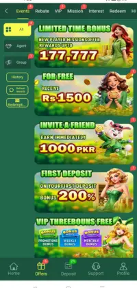 ZK777 mobile app home screen showing promotional bonuses, rewards, deposit offers, and navigation menus.